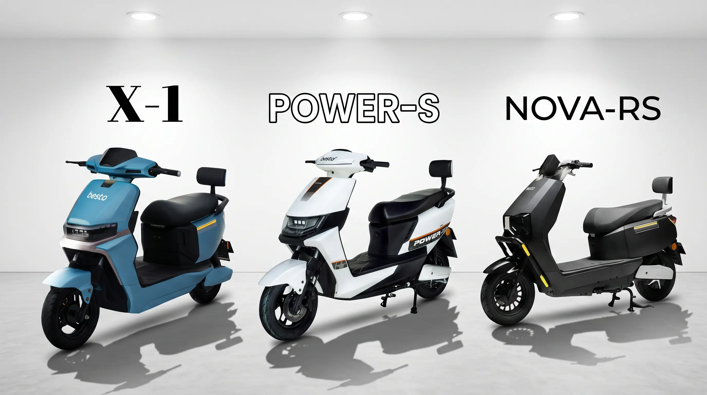 Besto EV X-1, Power-S and Nova-RS electric scooters side by side