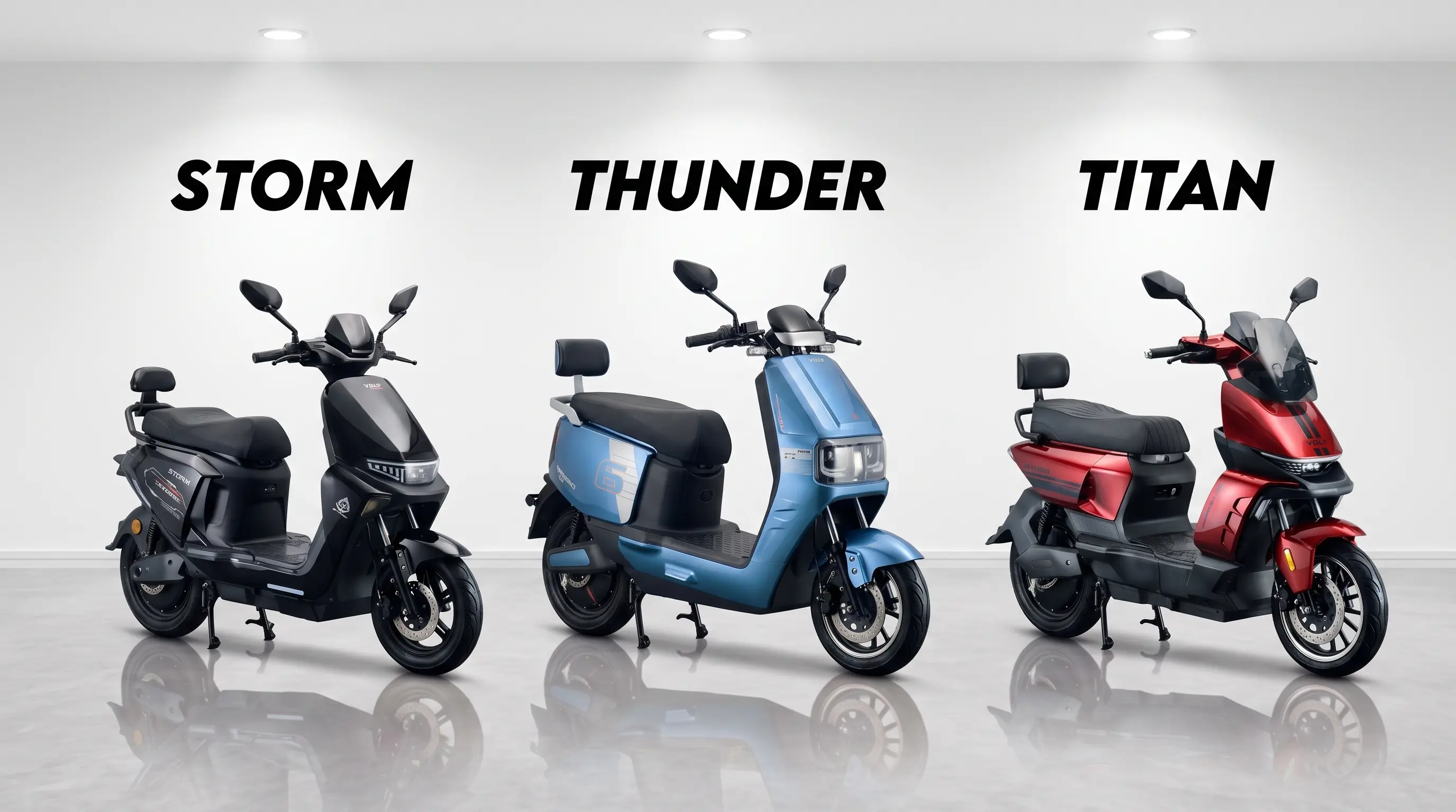 Volt EV Storm, Thunder and Titan electric scooters side by side
